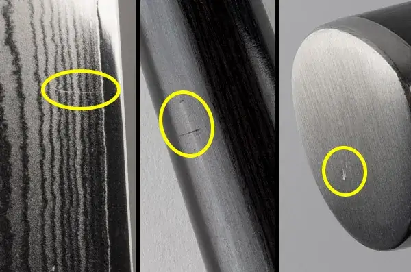 Scratch on blade, handle and endcap of Shun knife for warehouse sale