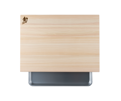 Hinoki Cutting board with metal tray top view showing tray partially pulled out