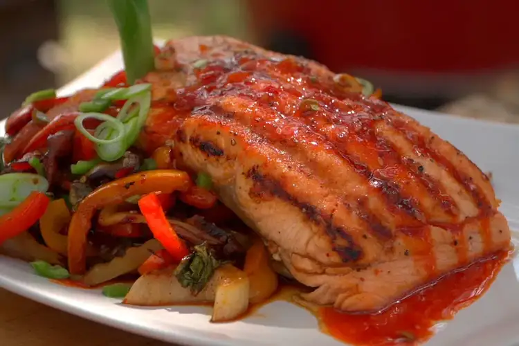Close up of the finished Gochujang Grilled Salmon dish.