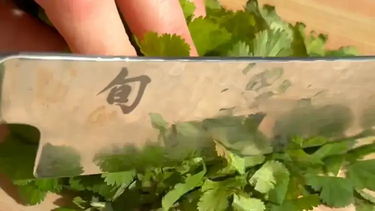 Slicing cilantro for the shrip tacos.