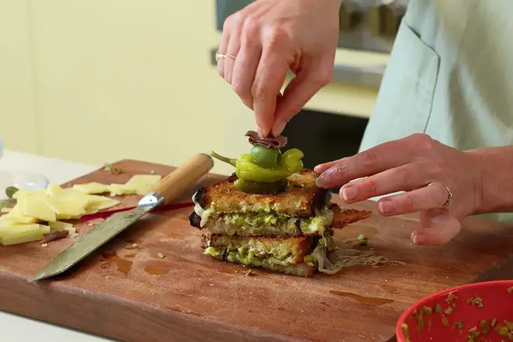 Close up of Molly Baz's Gilda Grilled Cheese sandwich.