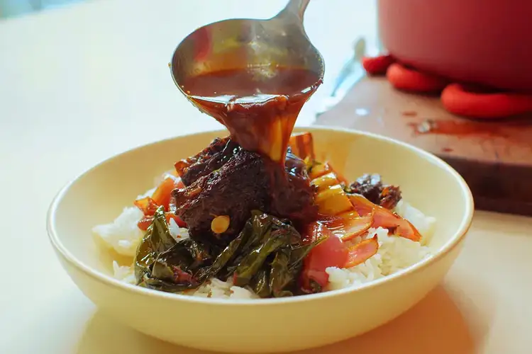 A bowl of hot sauce braised short ribs.