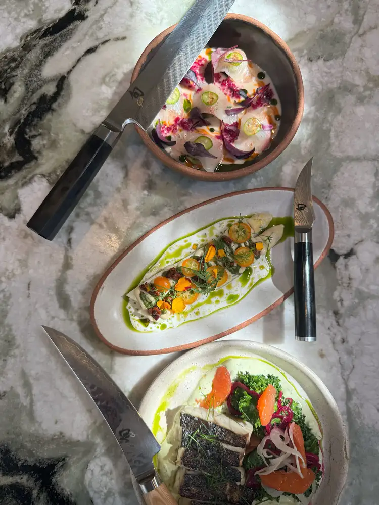 Three plated seafood dishes by Chef Vitor Mendes are artfully arranged on a marble surface, each paired with a different Shun knife: a Dual Core Yanagiba beside a vibrant crudo, a Classic Bird’s Beak next to a delicately garnished white fish dish, and a P