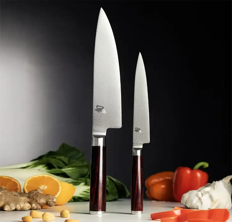 The two knives of the Kohen 2-Piece Set stand vertically on a countertop.